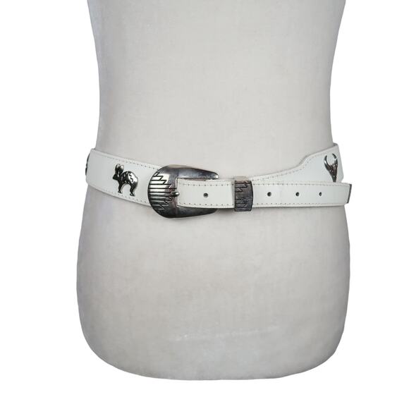 Vintage 80s White Leather Southwestern Animal Stud Waist Belt L